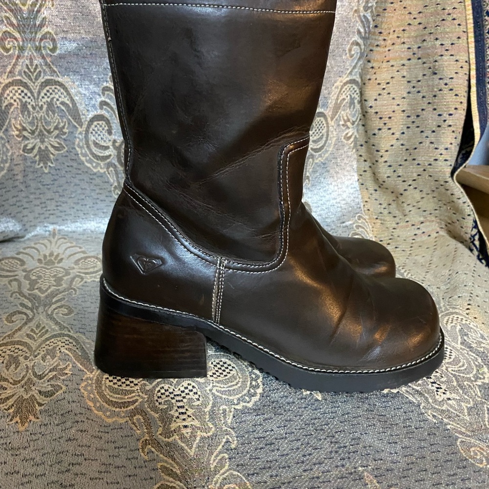Women's Dark Brown Roxy Leather Mid-Calf Block Heel Boots